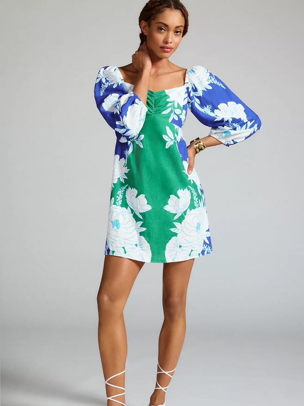 Anthropologie FARM Rio Square Neck Floral Mini Dress in Green & Blue